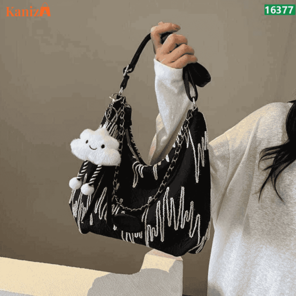 Colourful Rainbow Striped Shoulder Bag with Cute Cat Pendant | Trendy Daily Use Bag